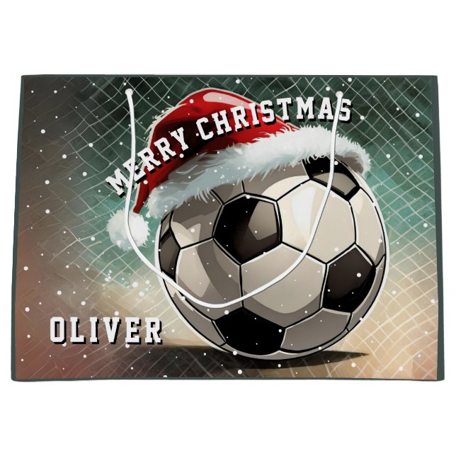 Fußball Ball Weihnachtsmannmütze Frohe Weihnachten Große Geschenktüte (Vorderseite)