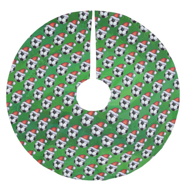 Fußball-Ball-Weihnachtsmannmütze-Muster auf Grün Polyester Weihnachtsbaumdecke (Vorderseite)
