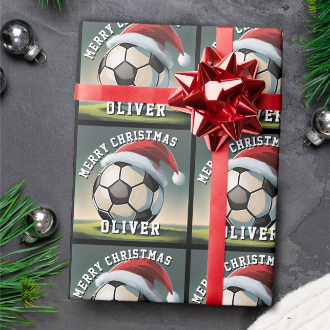 Fußball-Ball Weihnachtsmannmütze Name Weihnachten Geschenkpapier (Von Creator hochgeladen)