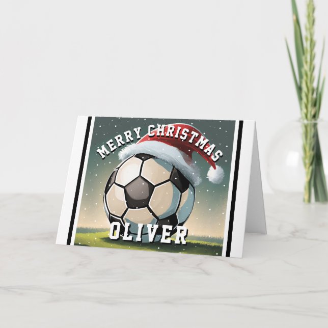Fußball-Ball Weihnachtsmannmütze Name Weihnachten Karte (Vorderseite)