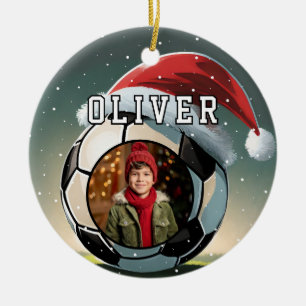 Fußball Ball Weihnachtsmannmütze Weihnachts-Foto Keramik Ornament