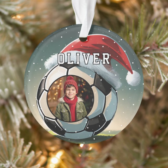 Fußball Ball Weihnachtsmannmütze Weihnachts-Foto Ornament (Baum)