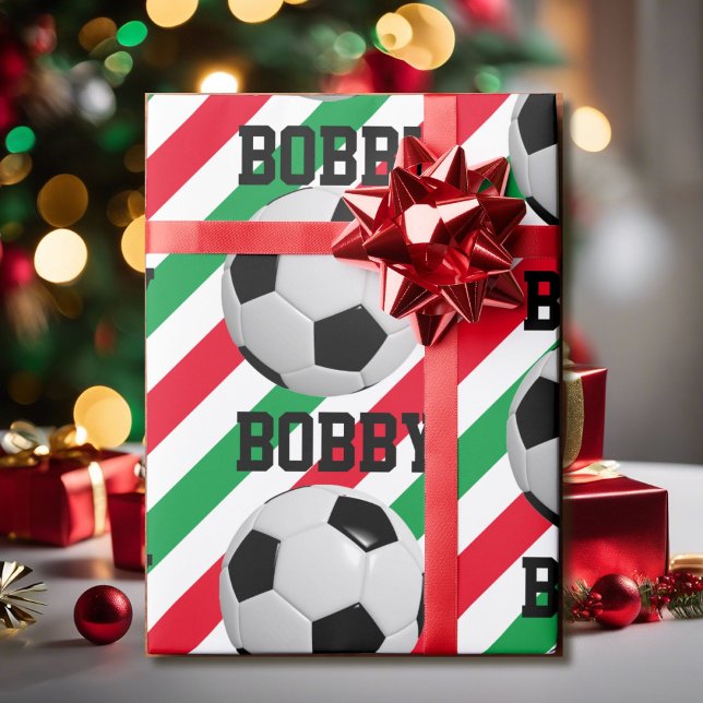Fußball Ball Weihnachtsnachtsnamen Streifen rot in Geschenkpapier (Von Creator hochgeladen)