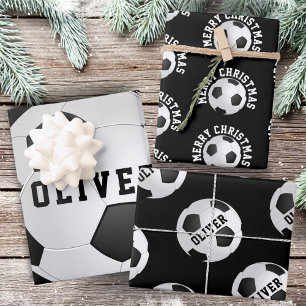 Fußball Bälle Kinder Name Schwarz Weihnachten  Geschenkpapier Set