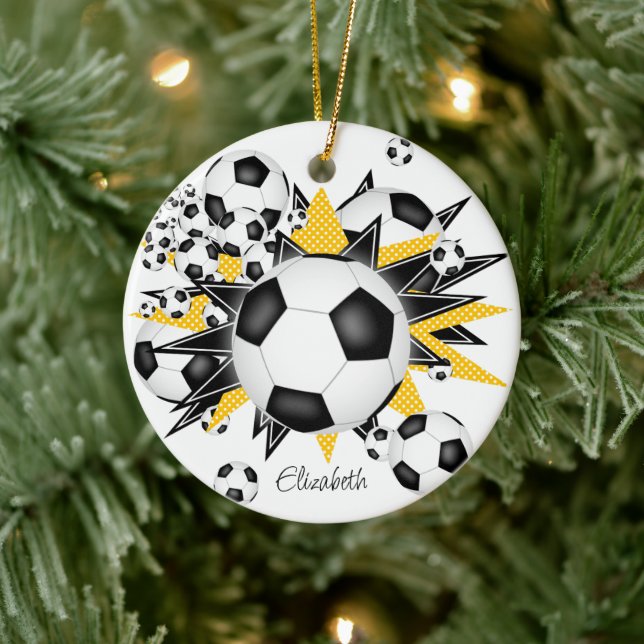 Fußball Bälle schwarze goldene Sterne Mädchen Spor Keramik Ornament (Baum)