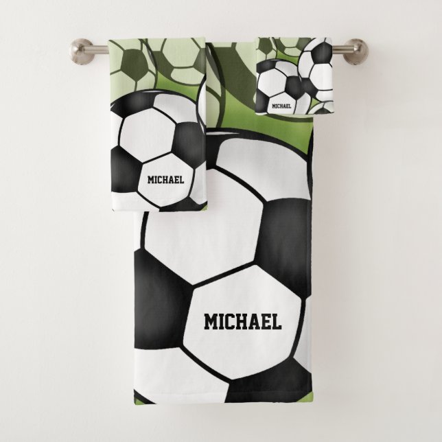 Fußball Balls Black & White Boy's Kids Name Number Badhandtuch Set (Insitu)