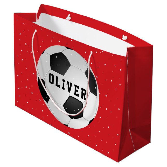 Fußball Balls Kinder Name Red Christmas Große Geschenktüte (Rückseite Schrägansicht)