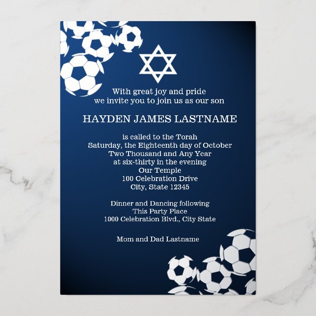 Fußball-Bar Mitzvah Folieneinladung (Vorderseite)
