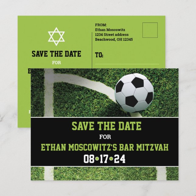 Fußball-Bar Mitzvah-Save the Date-Karte Postkarte (Vorne/Hinten)