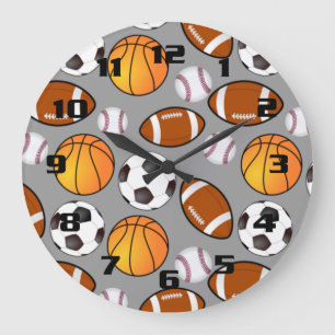 Fußball-Baseball Basketball-Muster Große Wanduhr