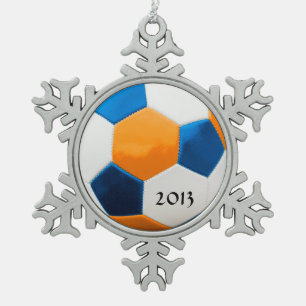 Fußball Blau und Orange Schneeflocken Zinn-Ornament