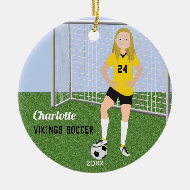 Fußball-Blonde in Gelb und Schwarz Keramik Ornament (Vorne)