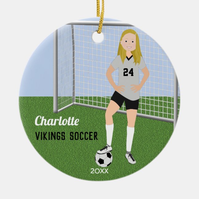 Fußball-Blonde in Grau und Schwarz Keramik Ornament (Vorne)