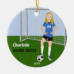 Fußball-Blondine in Blau Keramik Ornament