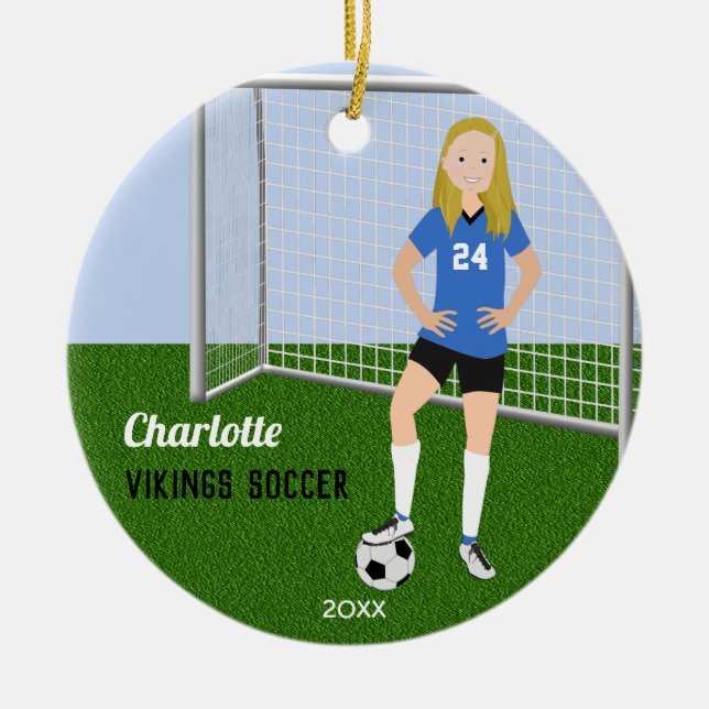 Fußball-Blondine in Blau Keramik Ornament (Vorne)