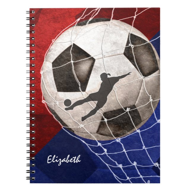Fußball, der den roten, blauen Fußball des Mädchen Notizblock (Vorderseite)