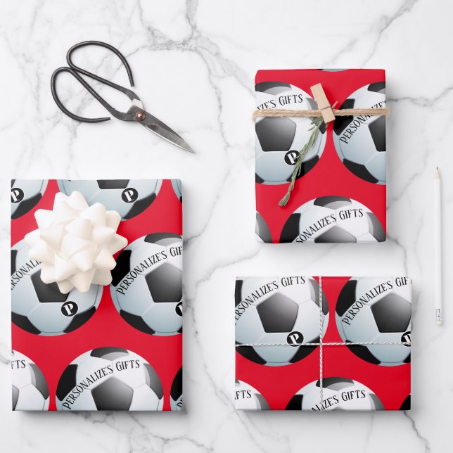 Fußball-Fußball-Benutzerdefiniertes Monogramm Name Geschenkpapier Set (Vorderseite)