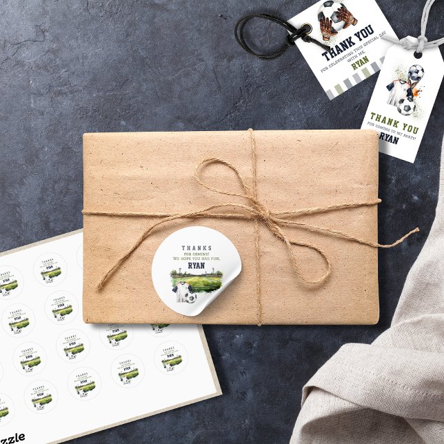 Fußball-Geburtstagsparty Runder Aufkleber (Green Blue Soccer Birthday Party Thank You Stickers)