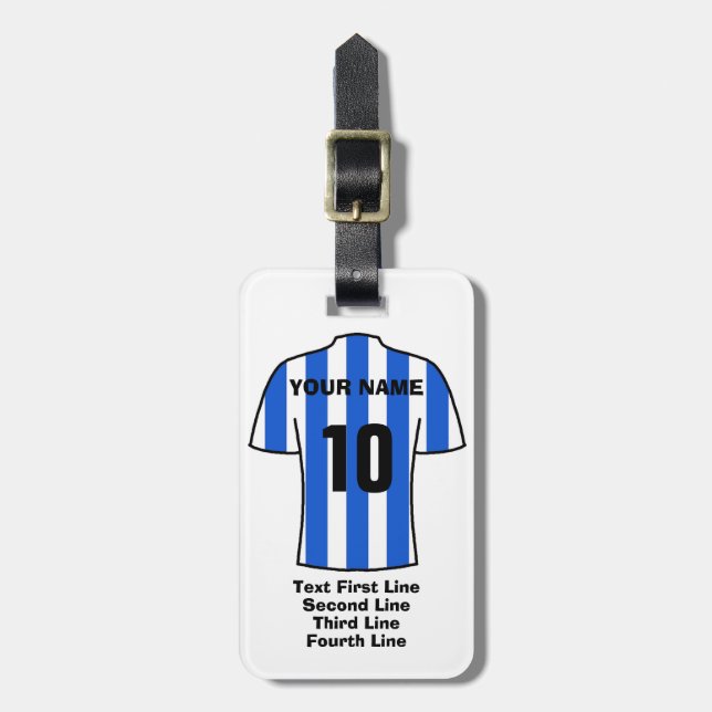 Fußball-Gepäckmarke - mit blauem und weißem Shirt Gepäckanhänger (Vorderseite vertikal)