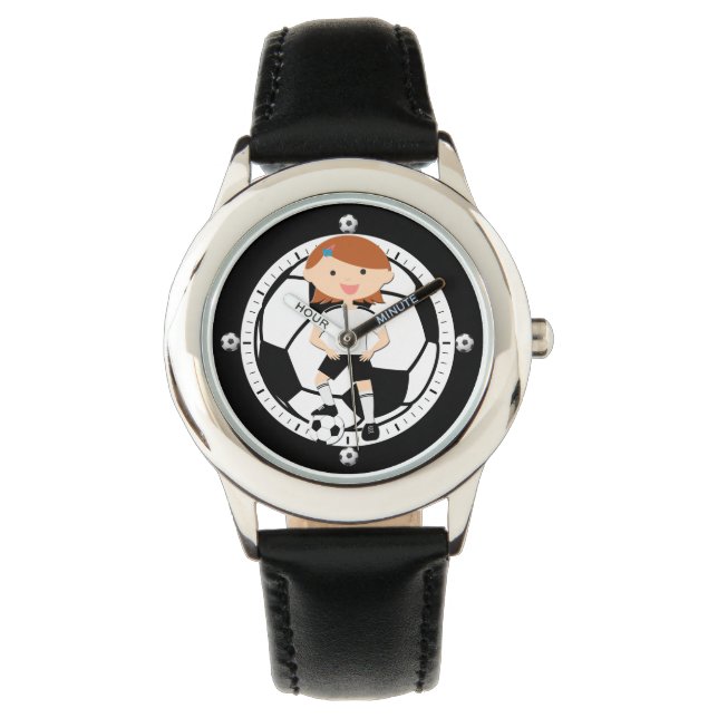 Fußball Girl 3 und Ball Black and White Armbanduhr (Vorderseite)