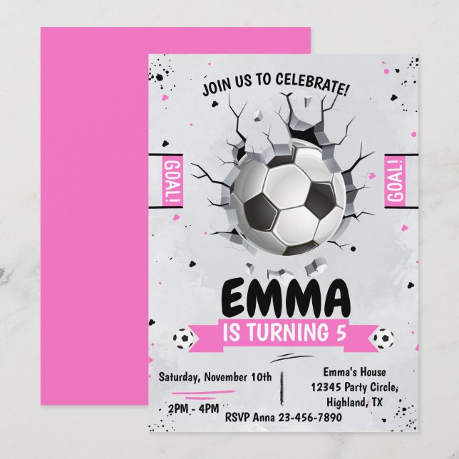 Fußball-Girl Pink zum Geburtstag Einladung (Vorne/Hinten)