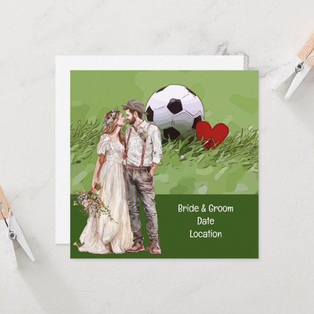 Fußball-Hochzeit Thema mit Ball auf Grün Einladung (Vorderseite/Rückseite Beispiel)