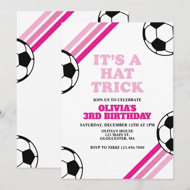 Fußball-Hut Trick Pink Strip 3. Geburtstag Einladung (Vorne/Hinten)