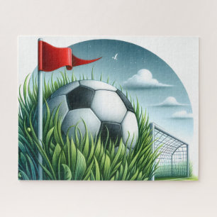Fußball im Gras sitzend