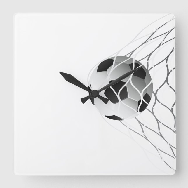 Fußball im Netz Quadratische Wanduhr (Vorderseite)
