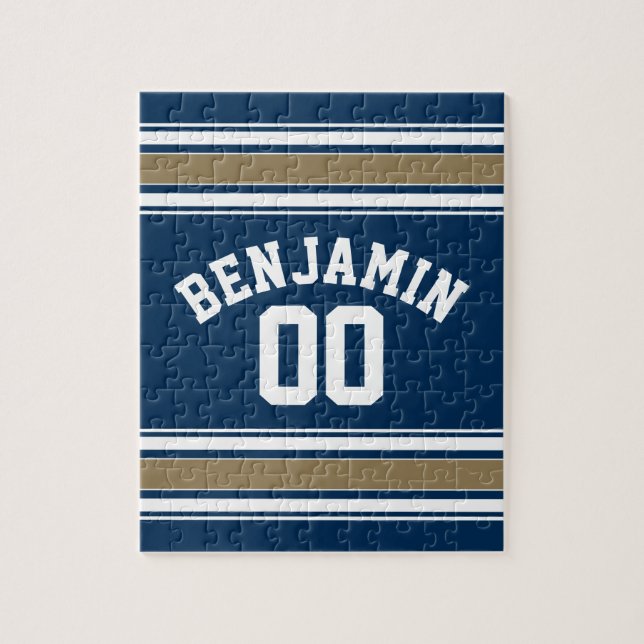 Fußball Jersey Navy Blue Gold Streifen Name Nummer (Vertikal)