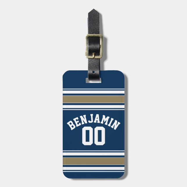 Fußball Jersey Navy Blue Gold Streifen Name Nummer Gepäckanhänger (Vorderseite vertikal)