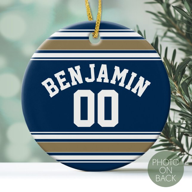 Fußball Jersey Navy Blue Gold Streifen Name Nummer Keramikornament (Personalized Christmas Photo Ornament - Football Sorts Jersey Stripes)