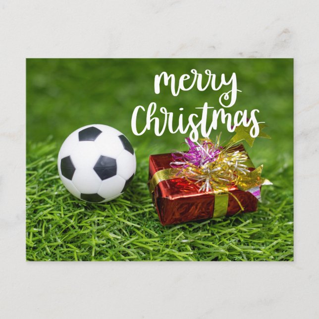 Fußball mit Geschenk Frohe Weihnachten Postkarte (Vorderseite)