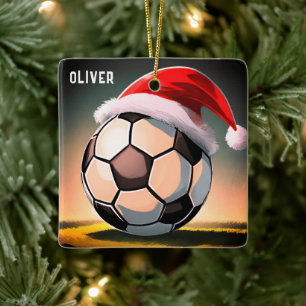 Fußball mit Roter Weihnachtsmannmütze Weihnachten Keramikornament