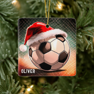 Fußball mit Roter Weihnachtsmannmütze Weihnachten Keramikornament
