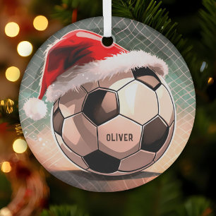 Fußball mit Roter Weihnachtsmannmütze Weihnachten Ornament Aus Glas