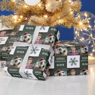 Fußball mit Santa-Hut-Schneeflocken-Foto  Geschenkpapier