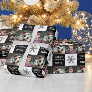 Fußball mit Santa-Hut-Schneeflocken-Foto  Geschenkpapier