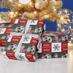 Fußball mit Santa-Hut-Schneeflocken-Foto  Geschenkpapier