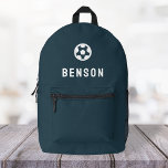 Fußball Modern Minimal Navy Blue Football Bedruckter Rucksack<br><div class="desc">Ein individuelles Design auf marineblau Hintergrund mit einem Fußballmotiv-Icon in weiß,  das einfach durch das Hochladen eines eigenen Logos,  Bildes oder Motivs ersetzt werden kann! Der personalisierte Monogramm-Name in der weißen,  modernen Blocktypografie kann durch Ihren eigenen Namen oder benutzerdefinierten Text ersetzt werden. Das perfekte Geschenk oder Accessoire!</div>