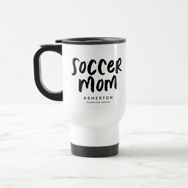 Fußball-Mom trendiger schwarzer Typ personalisiert Reisebecher (Links)