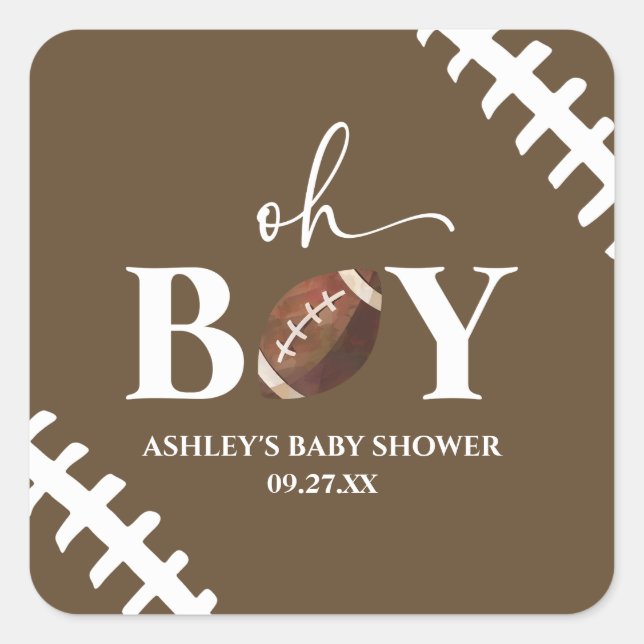 Fußball Oh Boy Brown White Baby Dusche Quadratischer Aufkleber (Vorderseite)