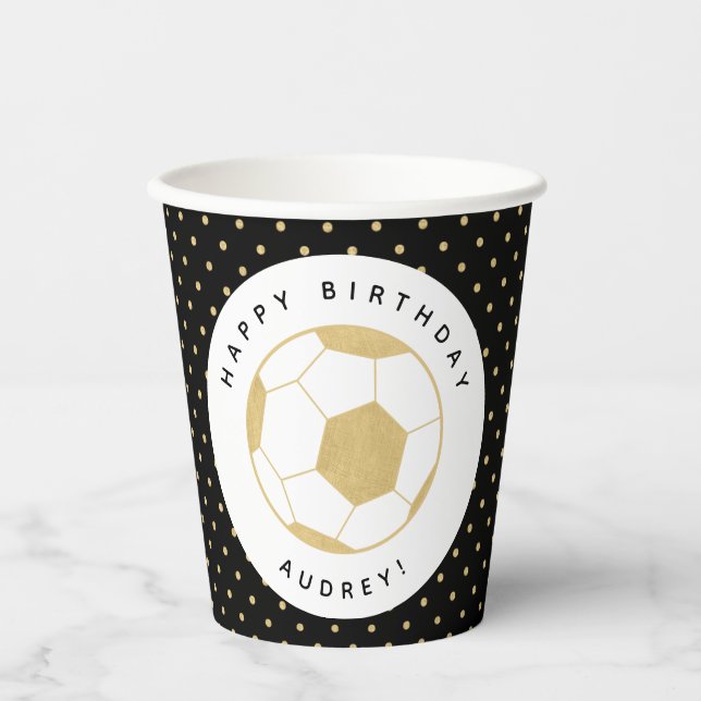 Fußball-Party-Individuelle Name in Gold und Schwar Pappbecher (Vorderseite)