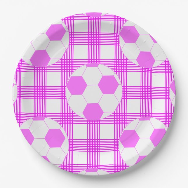 Fußball Plaid Muster in Weiß und Rosa Pappteller (Vorderseite)