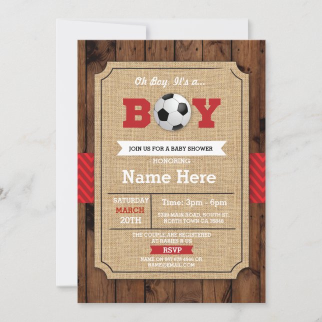 Fußball Red Boy Baby Shower Wood Football Einladun Einladung (Vorderseite)