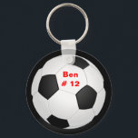 Fußball-Schlüsselanhänger Schlüsselanhänger<br><div class="desc">Dieser Schlüsselanhänger zeigt ein Fußballfoto. Ein dünner schwarzer Rand umgibt den Ball. In der Kugel ist ein benutzerdefinierter Platz,  um Ihren Namen oder eine Nachricht zu setzen.</div>