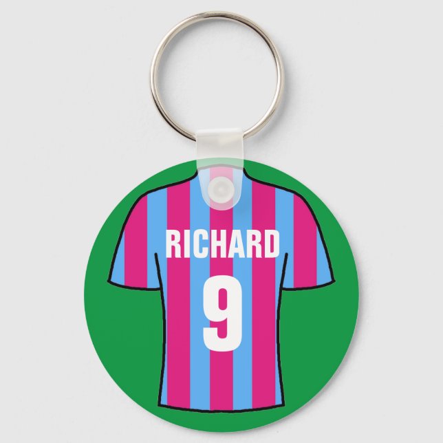 Fußball Shirt Design in Klartext und Blau. Schlüss Schlüsselanhänger (Vorderseite)