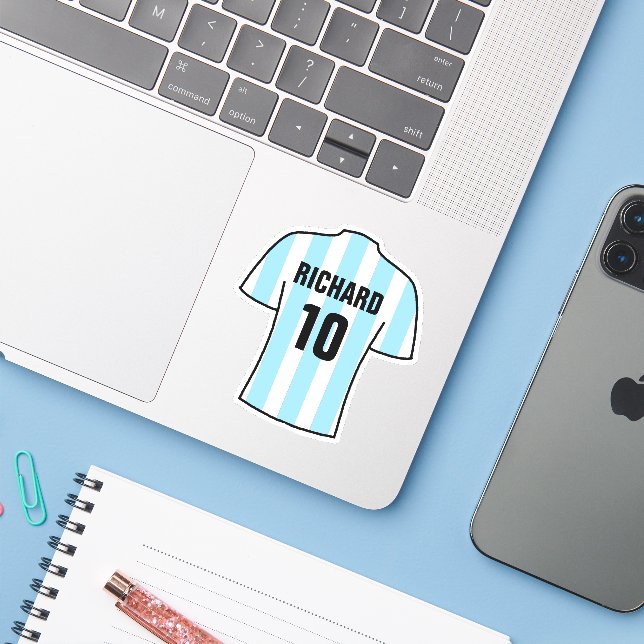 Fußball Shirt Design in LightBlue & White Streifen Aufkleber (Laptop mit iPhone)