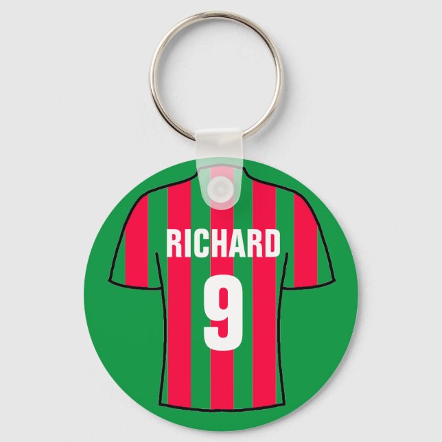 Fußball-Shirt-Design in Rot & Grün. Schlüsselanhän Schlüsselanhänger (Vorderseite)