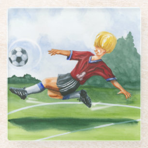 Fußball-Spieler, der einen Ball durch Jay Glasuntersetzer